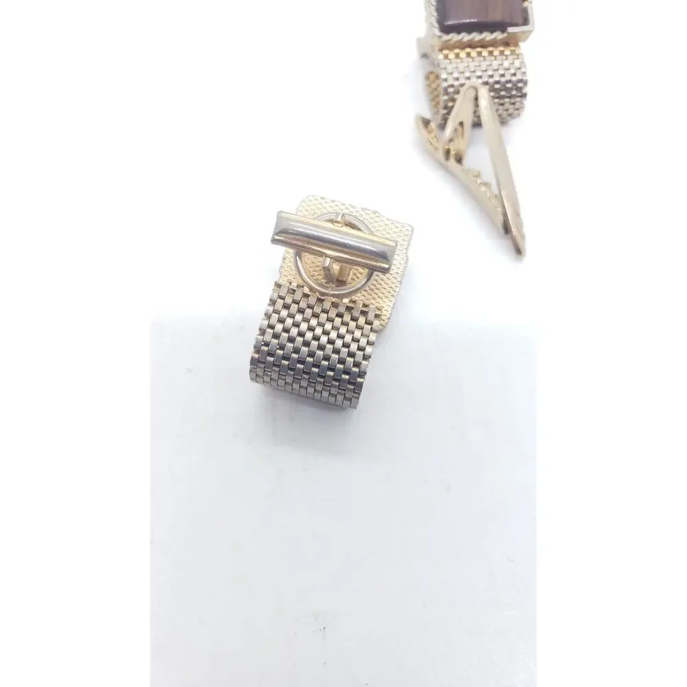 Vintage Cufflinks 1950 Mesh Wrap Gold Plated Lucite Faux Wood Tie Bar Cuff Links